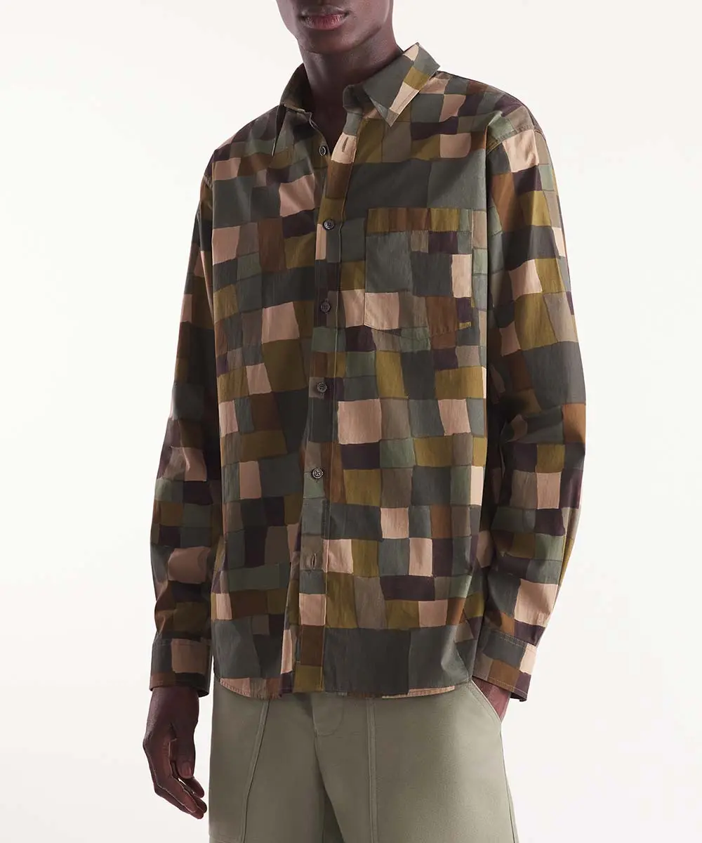 MAISON KITSUNÉ 迷彩童趣田園格紋寬鬆府綢棉襯衫_男/ M