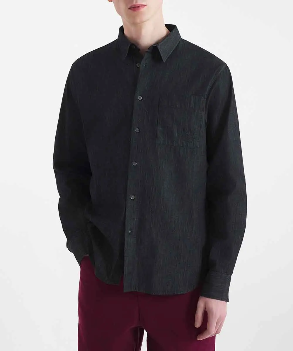 MAISON KITSUNÉ 深井藍輪廓狐狸頭LOGO輕薄牛仔襯衫_男/ S