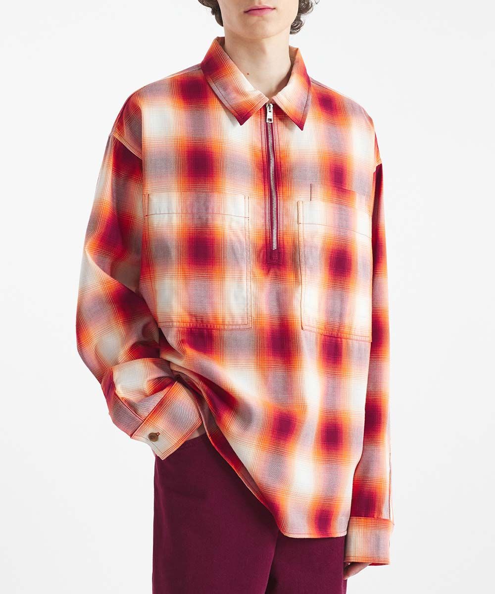 MAISON KITSUNÉ 血橙紅漸層格紋手繪LOGO法蘭絨惡棍襯衫_男/ M