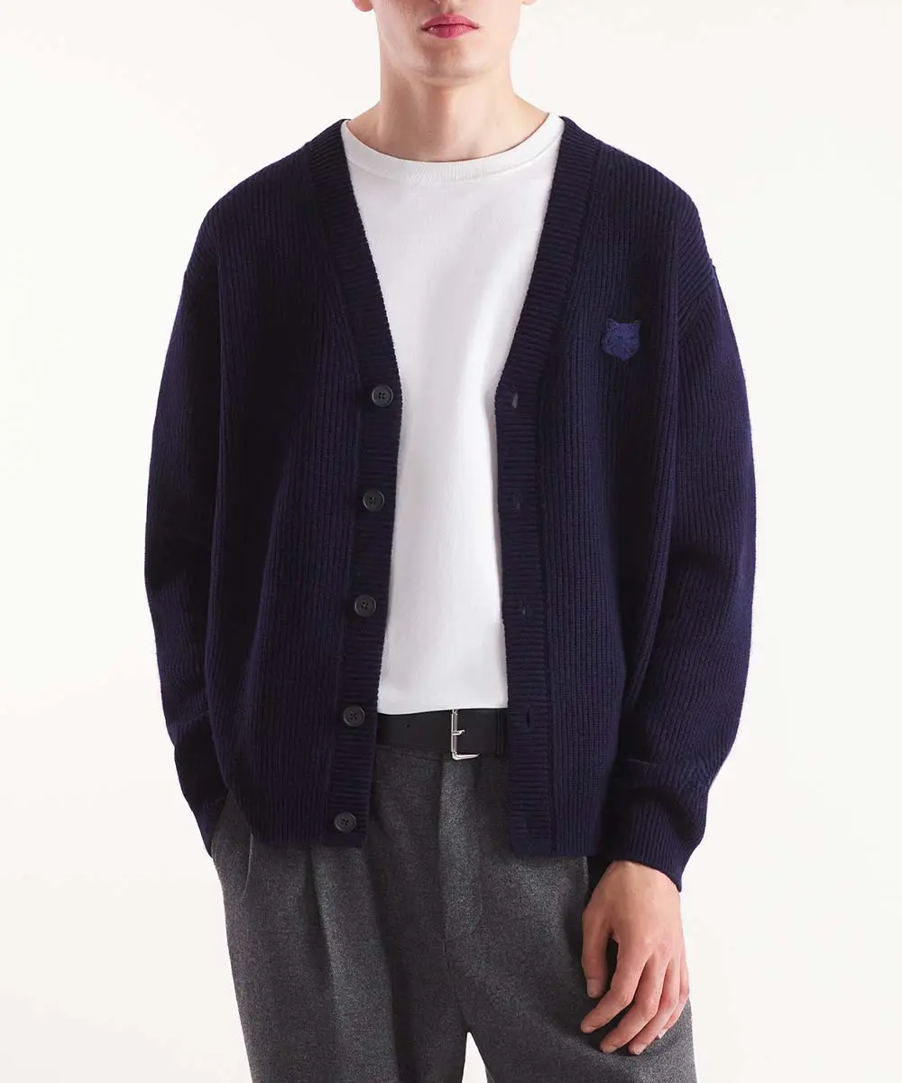 MAISON KITSUNÉ 午夜藍變化狐狸頭LOGO舒適羅紋開襟針織衫_男/ XS