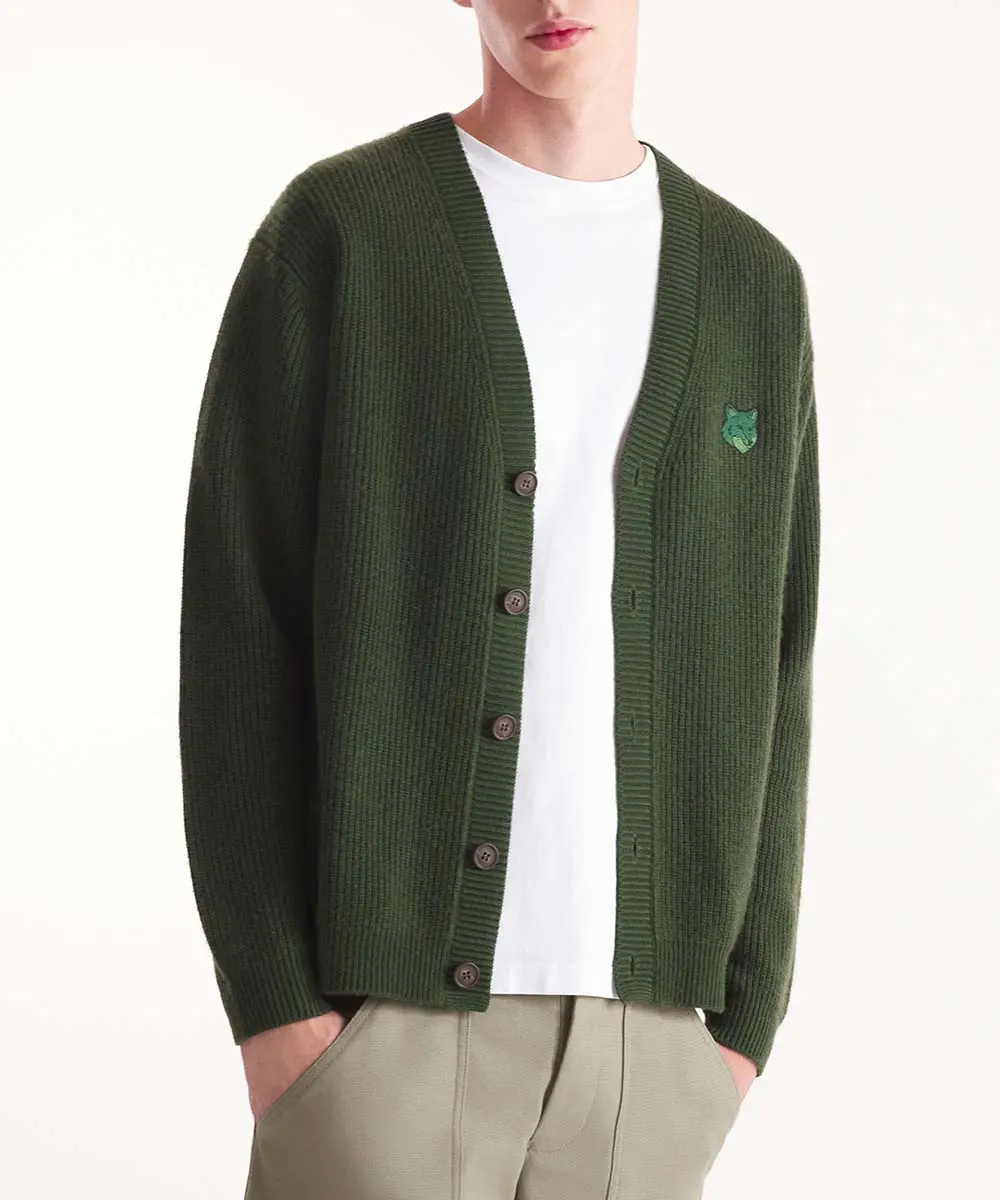 MAISON KITSUNÉ 遊騎兵綠變化狐狸頭LOGO舒適羅紋開襟針織衫_男/ XXL