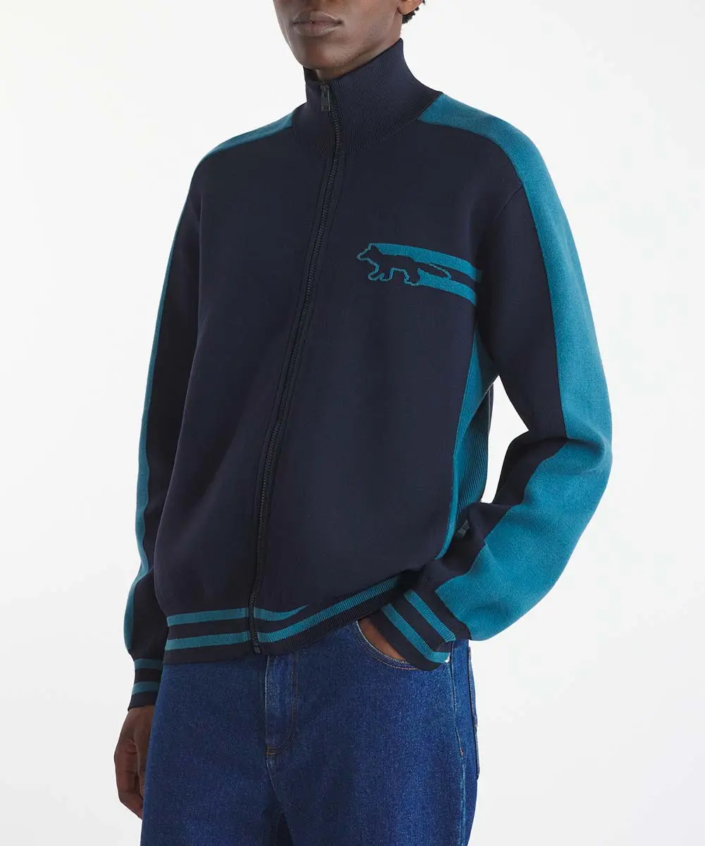 MAISON KITSUNÉ 湖水藍滾邊疾行狐狸LOGO拉鍊開襟針織衫_男/ M