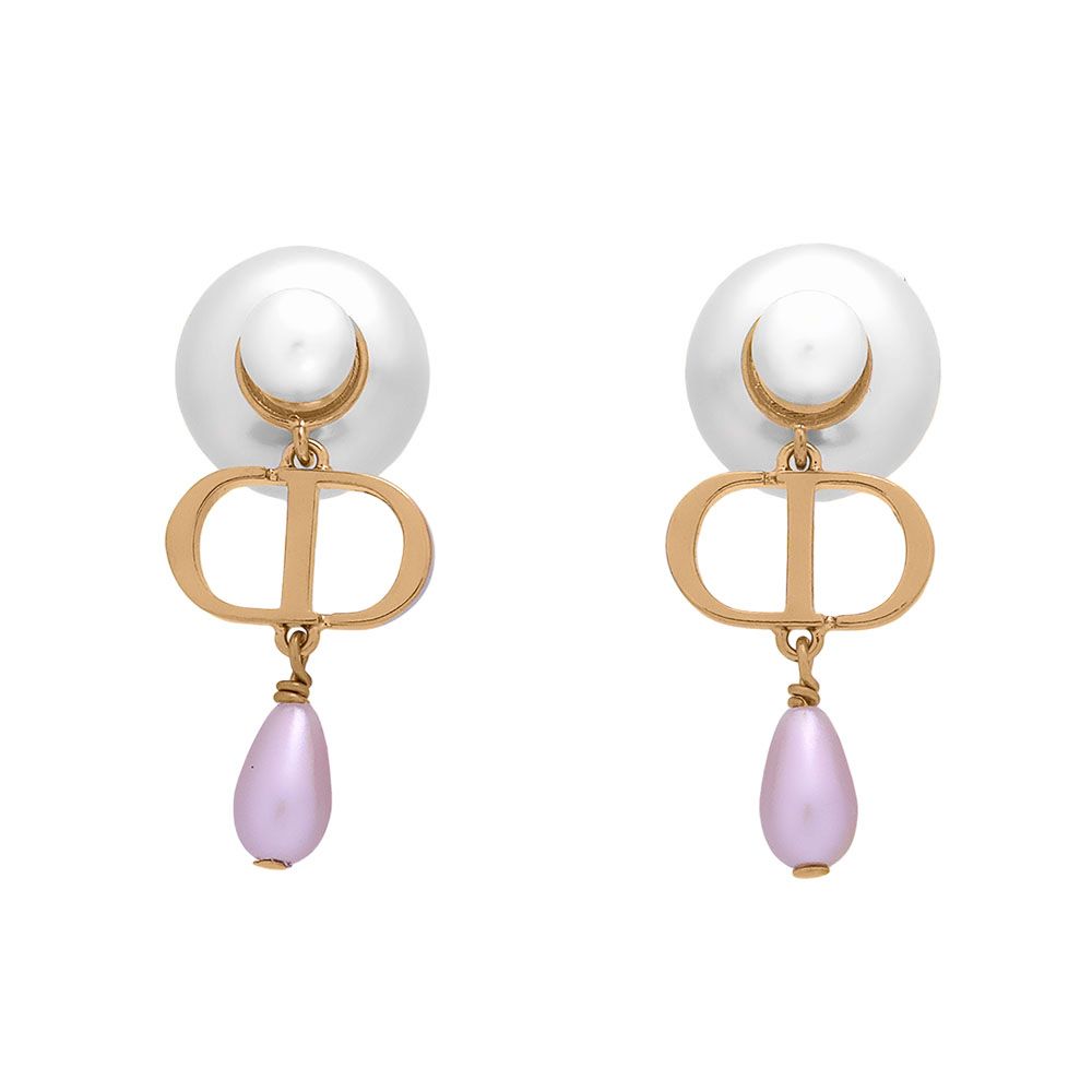 【Dior】Tribales 垂墜水滴珍珠針式耳環(金色/霓彩粉)/平行輸入