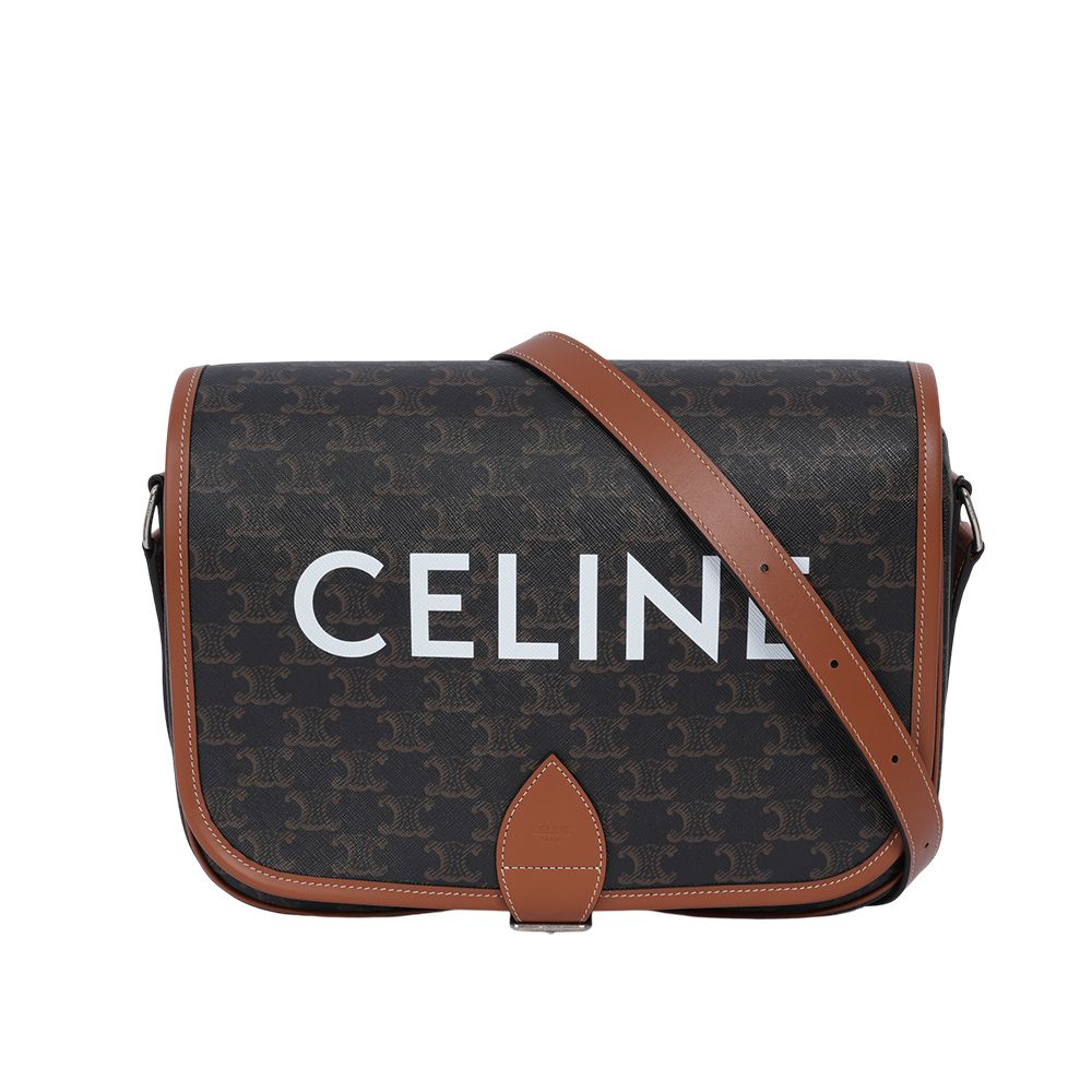 【CELINE】Folco 標誌印花帆布及小牛皮翻蓋郵差包/斜背包(棕褐色)/平行輸入