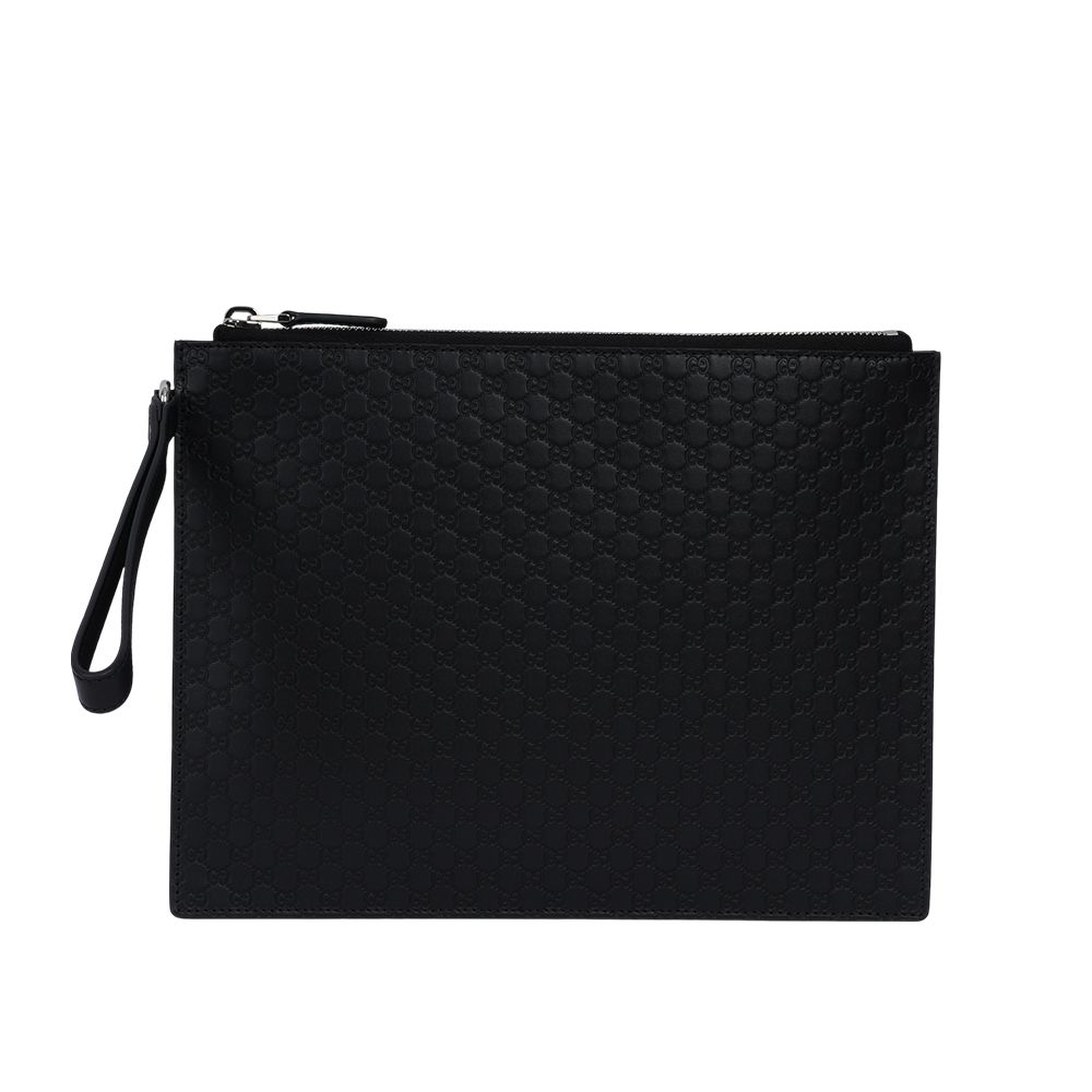 【GUCCI】Guccissima GG Logo 壓紋皮革附提把手拿包(黑色)/ 平行輸入