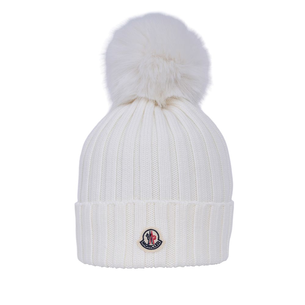 【Moncler】毛球Logo 美麗諾羊毛毛帽(白色)/平行輸入