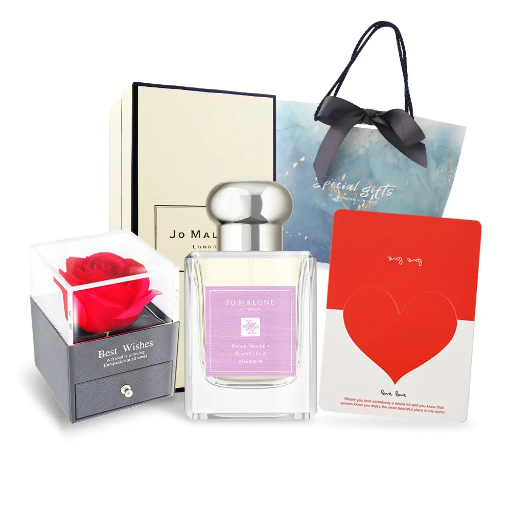 Jo Malone 玫瑰水與香草限定香水禮盒組[50ml+玫瑰花禮盒+卡片+提袋]-平行輸入