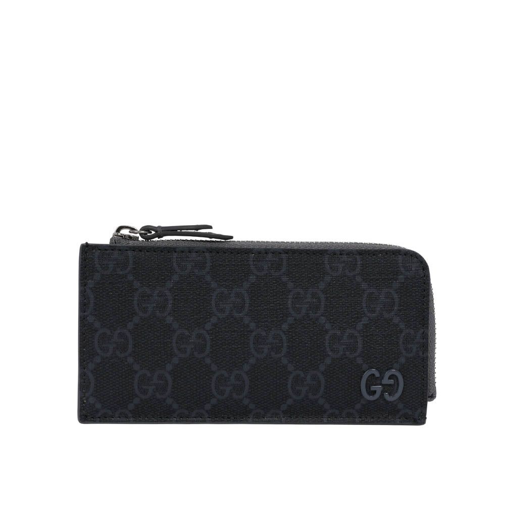 【GUCCI】GG Supreme 帆布及皮革拉鍊卡夾/零錢包(黑色/灰色)/ 平行輸入