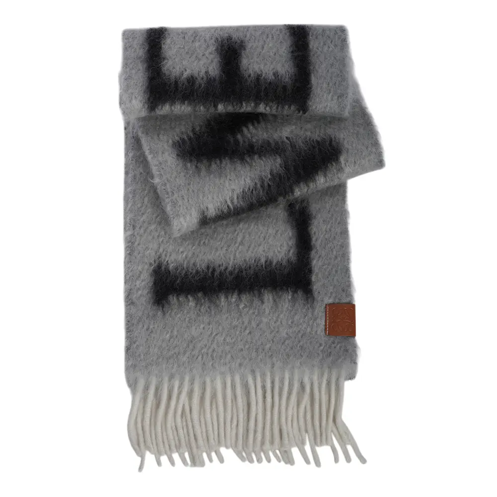 【LOEWE】Logo 海馬毛及羊毛圍巾(淺灰色/深灰色)/ 平行輸入