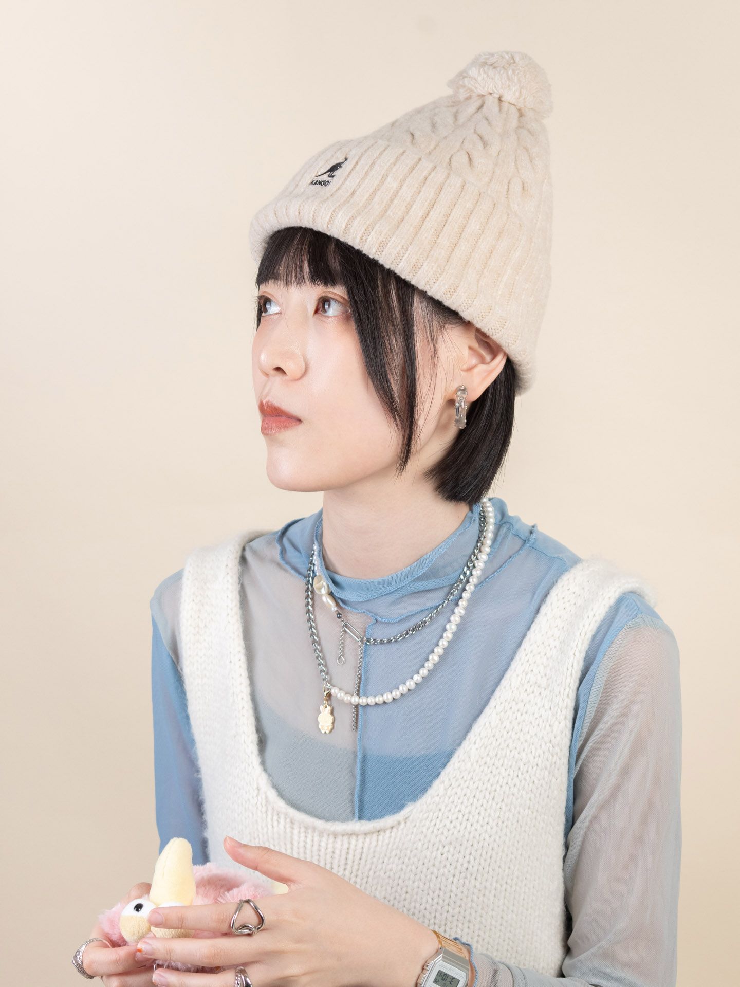 KANGOL POM POM毛球頭顱帽/ 米色/ F