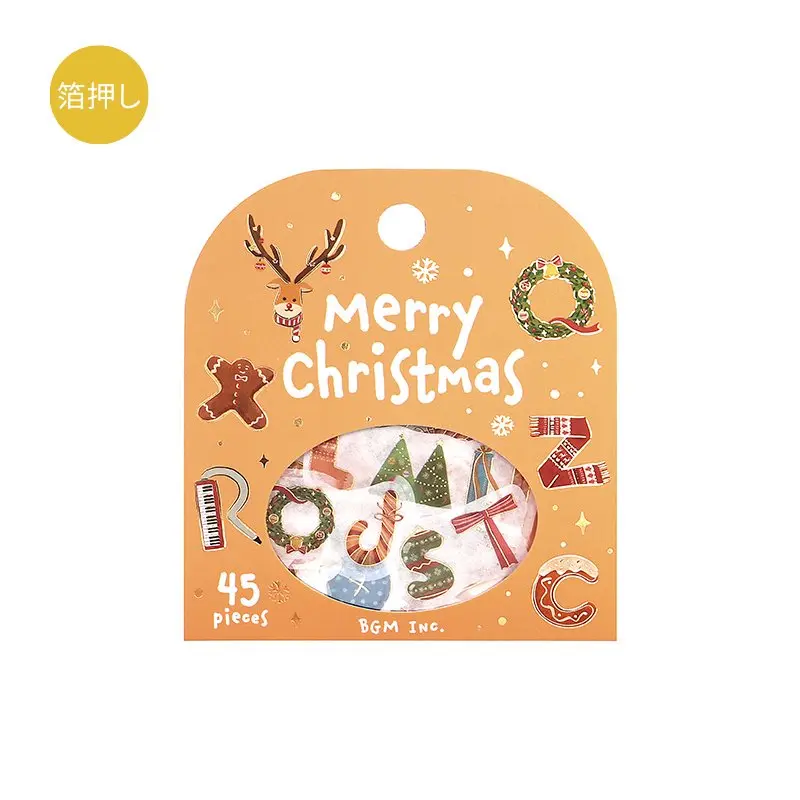 日本 BGM 燙金散裝裝飾貼紙包/ XMAS/ 英文字母/ 45入
