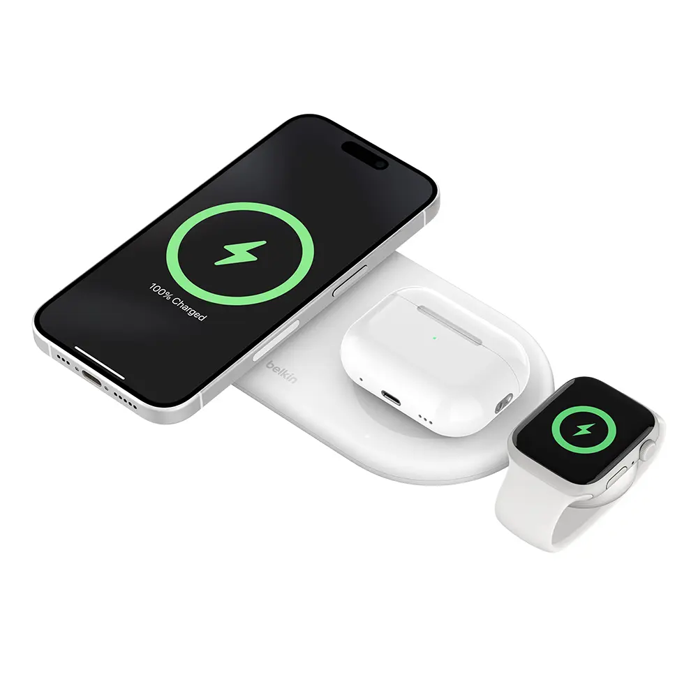 Belkin 貝爾金 BoostCharge Pro Qi2 15W 3合1磁吸無線充電板 WIZ022/ 白色