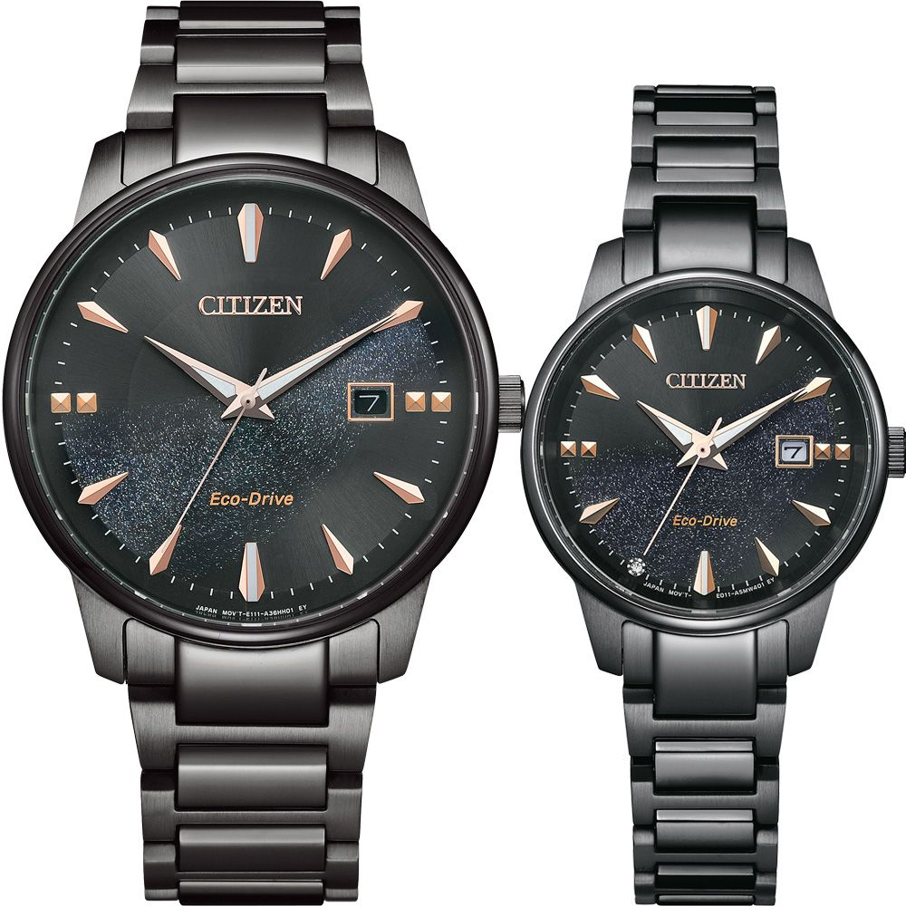 CITIZEN 星辰光動能情侶手錶 對錶-銀河黑/ BM7595-89E+EW2595-81E