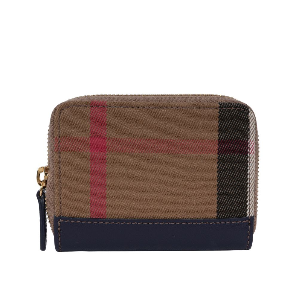 【BURBERRY】大格紋帆布及牛皮ㄇ形拉鍊零錢包/卡夾包(海軍藍)/ 平行輸入