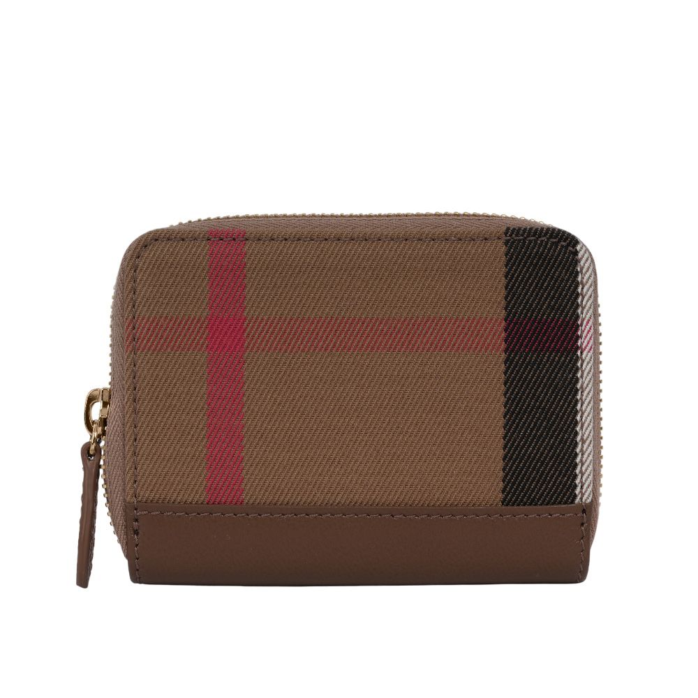 【BURBERRY】大格紋帆布及牛皮ㄇ形拉鍊零錢包/卡夾包(土棕色)/ 平行輸入