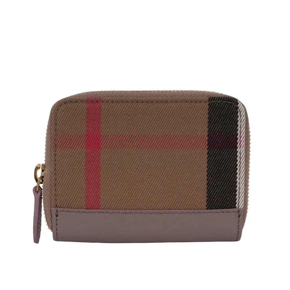 【BURBERRY】大格紋帆布及牛皮ㄇ形拉鍊零錢包/卡夾包(水貂灰)/ 平行輸入