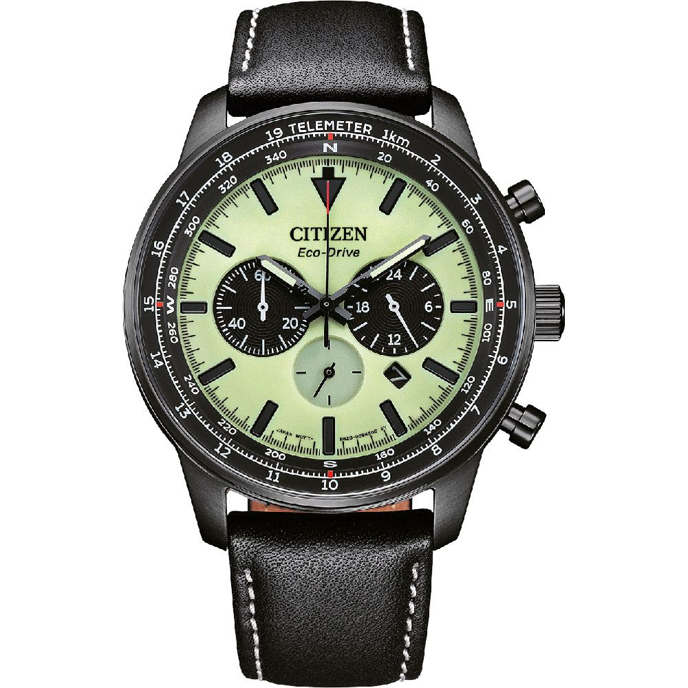 CITIZEN 星辰綠幽靈夜光光動能三眼計時手錶-黑x藍/ CA4505-21X