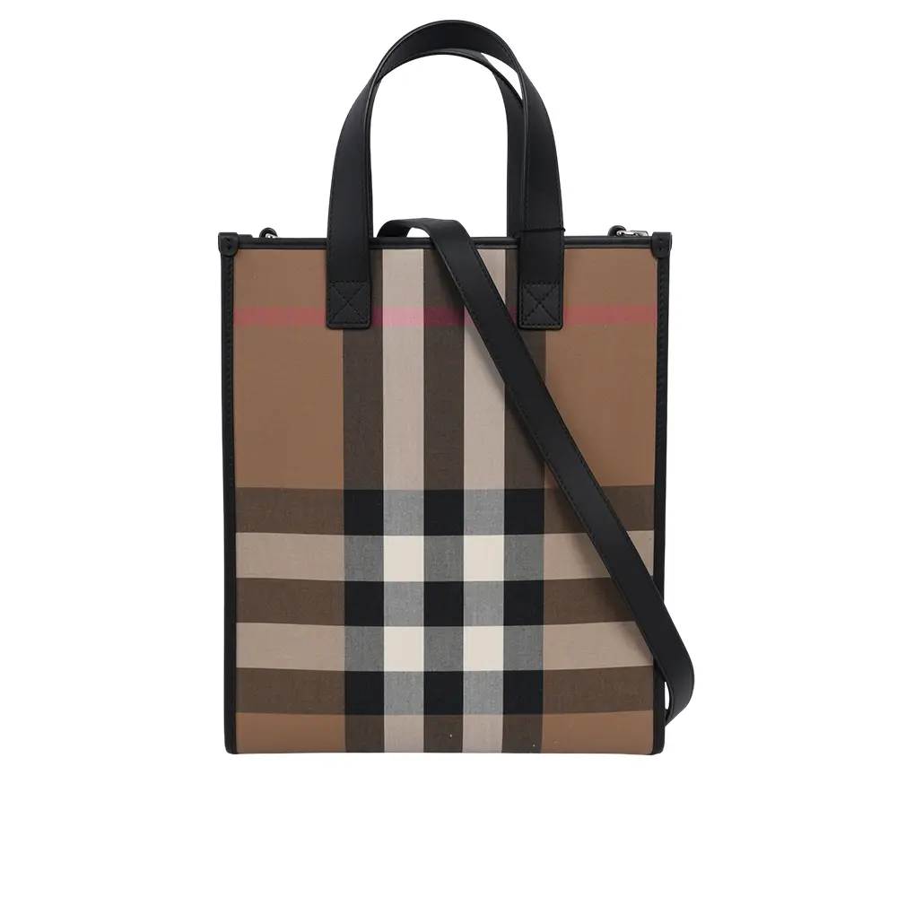 【BURBERRY】大格紋帆布直式手提/斜背二用包(灰褐色/棕色)/ 平行輸入