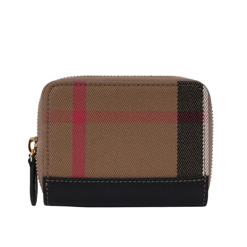 【BURBERRY】大格紋帆布及牛皮ㄇ形拉鍊零錢包/卡夾包(黑色)/ 平行輸入