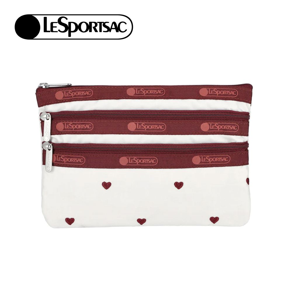 Lesportsac 3-Zip Cosmetic 三層拉鍊收納化妝包/ 莓果心刺繡