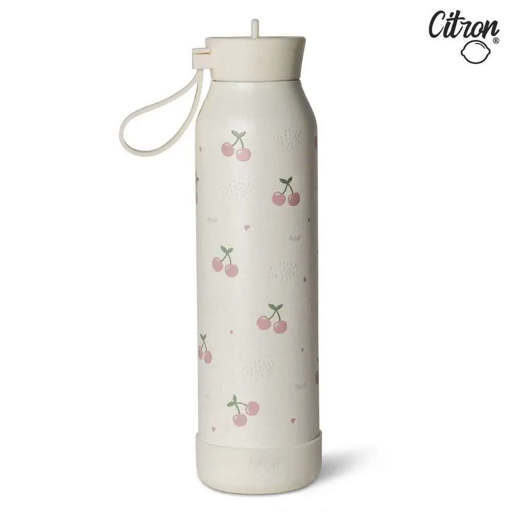 【Citron】矽膠提把三層保溫瓶_500ml/ 米白色/ 甜美櫻桃