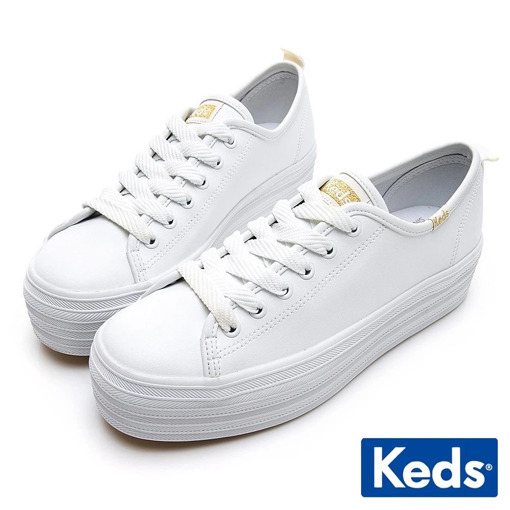 【KEDS】TRIPLE UP 小心機厚底皮革綁帶休閒小白鞋-白 女款 9193W132811/ US 6.5 (23.5cm)