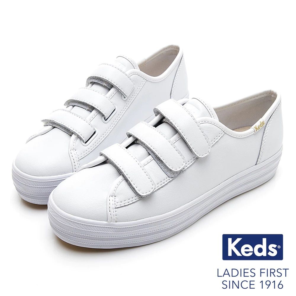 【KEDS】TRIPLE KICK 時尚皮革厚底魔鬼氈休閒鞋-白 女款 9193W132808/ US 8.5 (25.5cm)