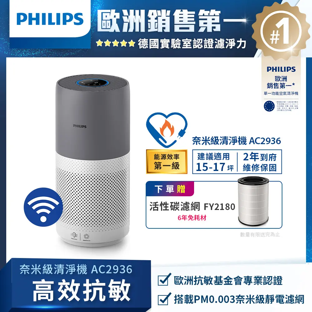 Philips飛利浦17坪奈米級空氣清淨機/ AC2936