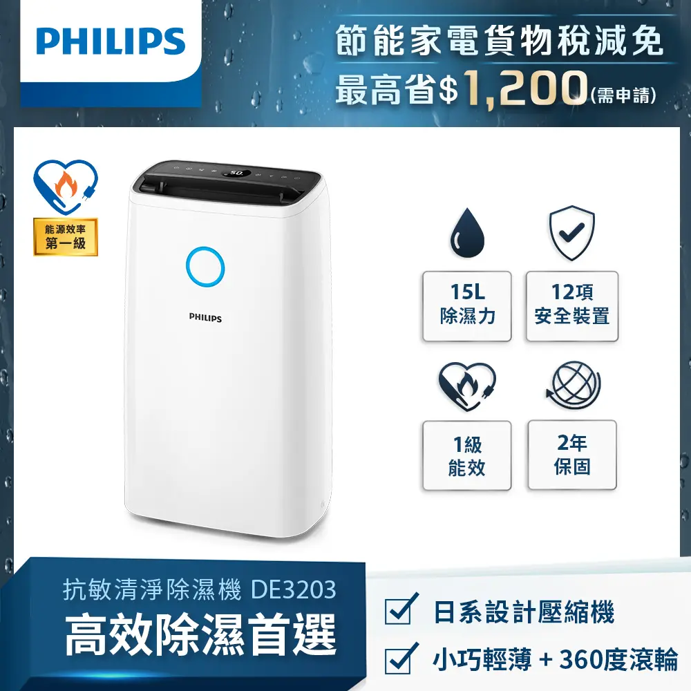 Philips飛利浦15公升一級能效除溼機/ DE3203