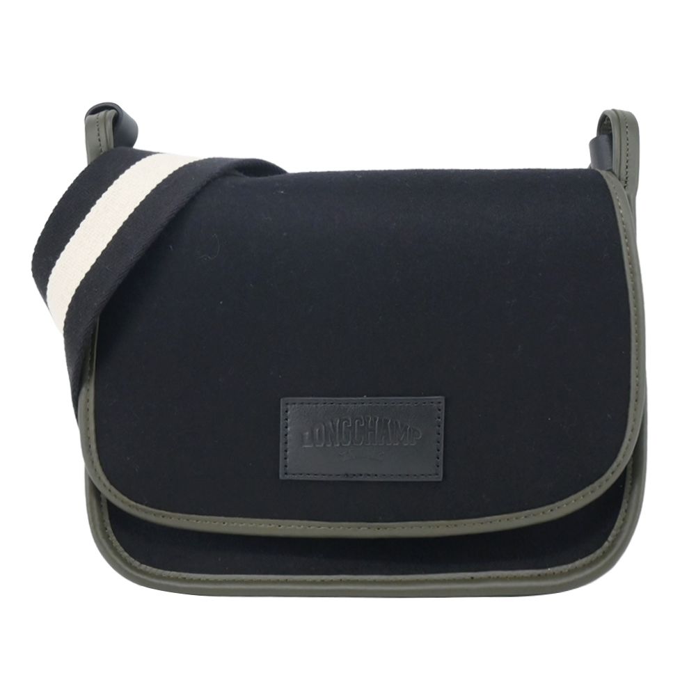 LONGCHAMP LE FOULONNÉ系列氈製羊毛寬背帶翻蓋斜背包(中/黑)平行輸入
