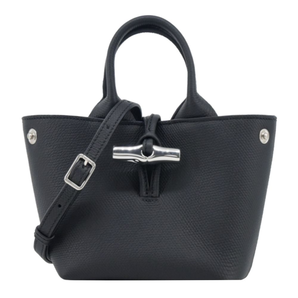 LONGCHAMP LE ROSEAU系列金屬竹節粒面牛皮手提/斜背兩用包(迷你/黑)/平行輸入