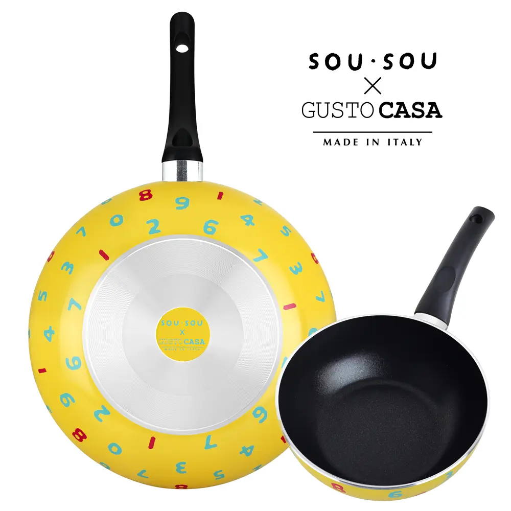 【義廚寶】GUSTO CASA 義大利製SOUSOU聯名不沾鍋深炒鍋32cm+小湯鍋20cm (雙單鍋組) 十數黃