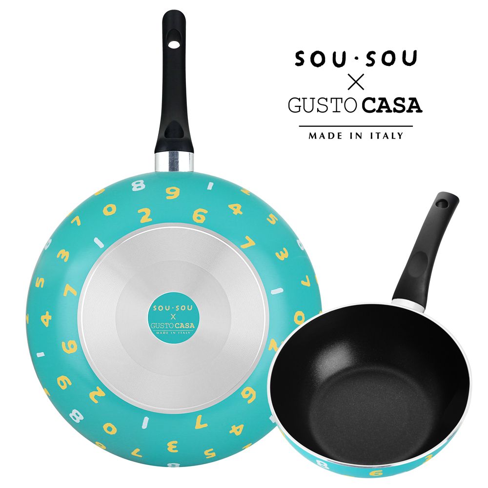 【義廚寶】GUSTO CASA 義大利製SOUSOU聯名不沾鍋深炒鍋32cm+小湯鍋20cm (雙單鍋組) 十數青