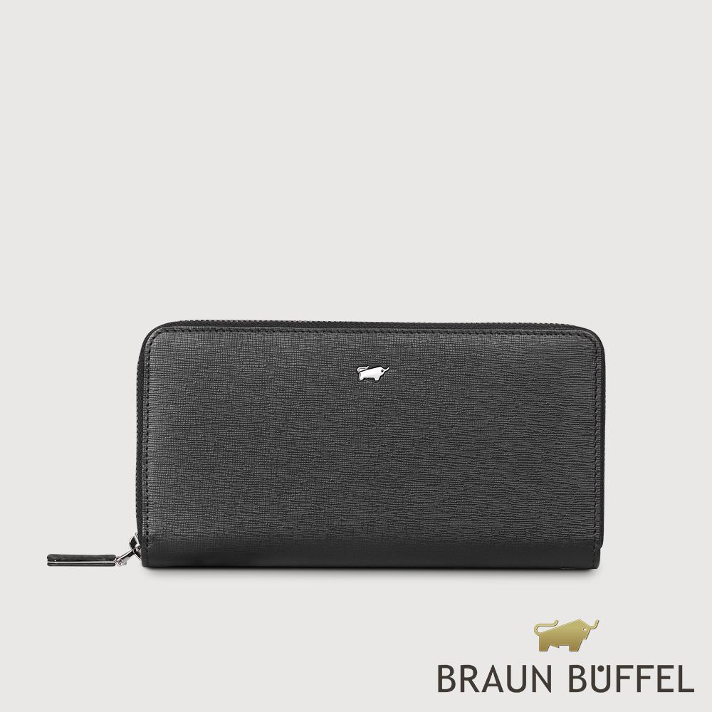 【BRAUN BUFFEL 德國小金牛】台灣總代理 欣娜 12卡拉鍊長夾-黑色/BF820-602-BK