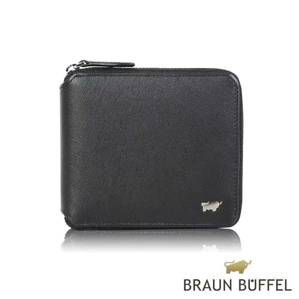 【BRAUN BUFFEL 德國小金牛】台灣總代理 亞當 8卡拉鍊皮夾-黑色/BF504-328-BK