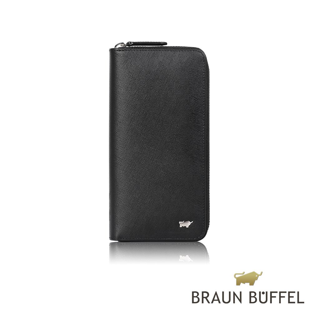 【BRAUN BUFFEL 德國小金牛】台灣總代理 亞當 12卡拉鍊長夾-黑色/BF504-601-BK