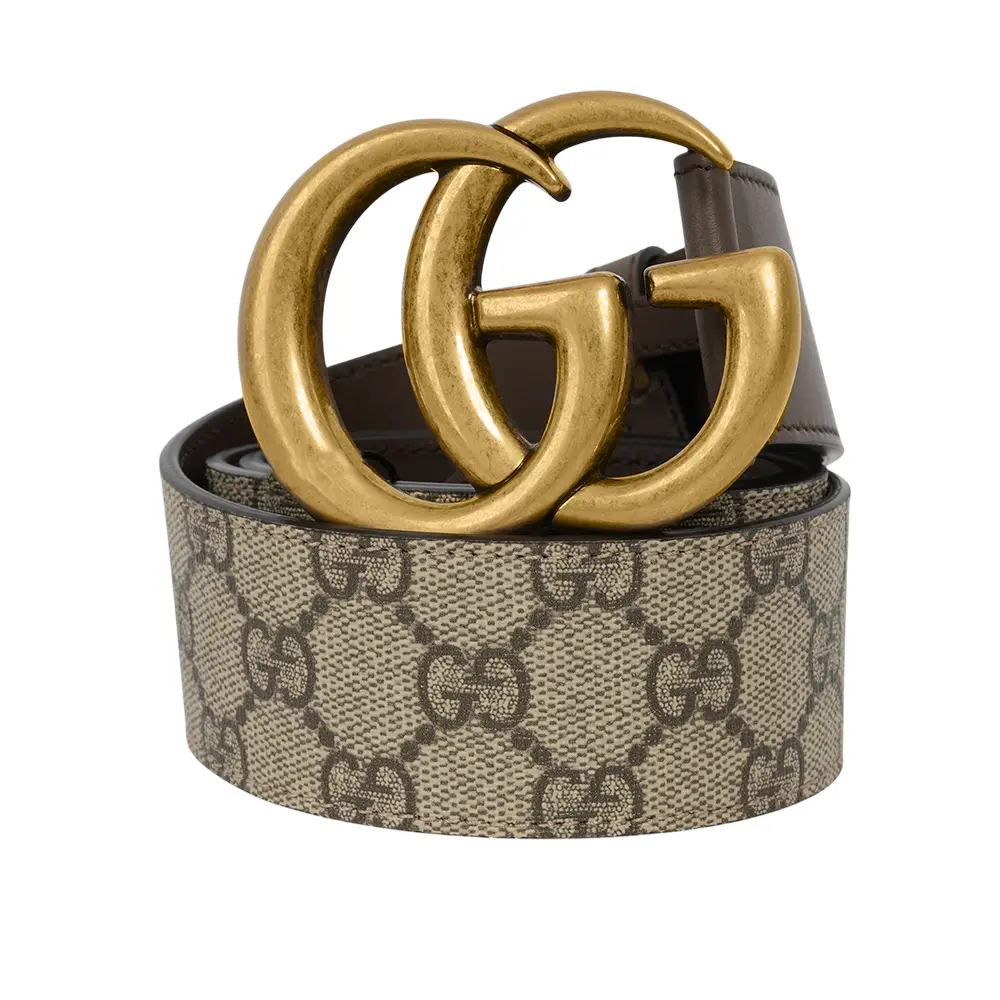 【GUCCI】霧金雙G Logo 防水皮革拼牛皮皮帶 85cm(米色/棕色)/ 平行輸入