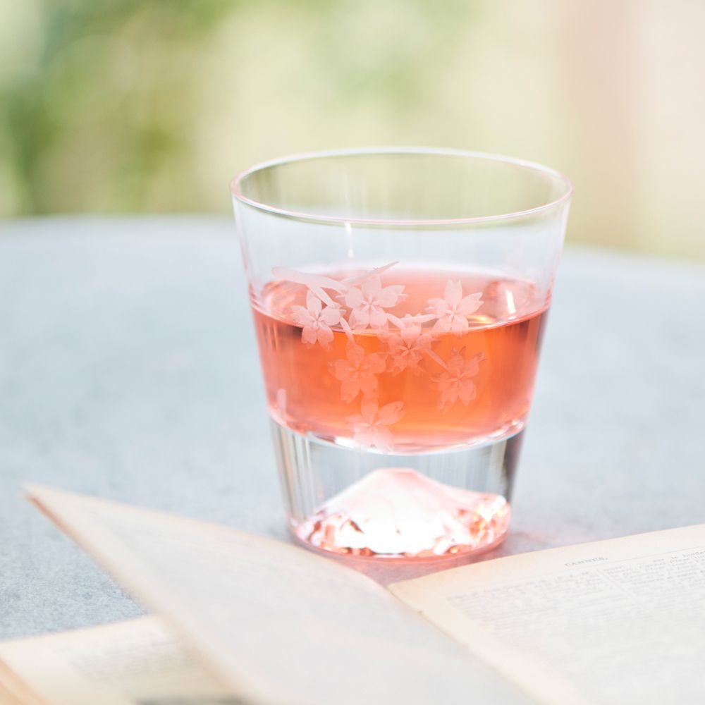 日本田島硝子 日本製富士山雕花威士忌杯-櫻花豪華款