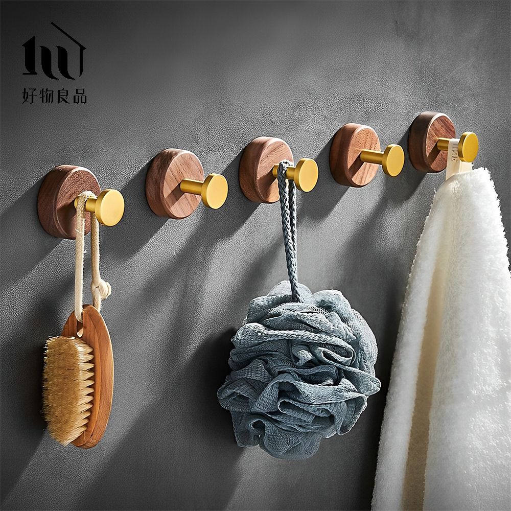 【好物良品】5入組-圓形_金屬胡桃木防水免釘掛鈎/ 胡桃木金