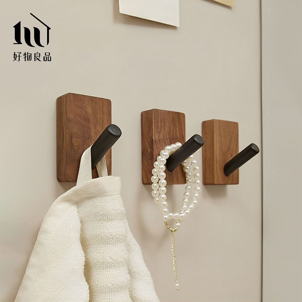 【好物良品】5入組-矩形_金屬胡桃木防水免釘掛鈎/ 胡桃木黑