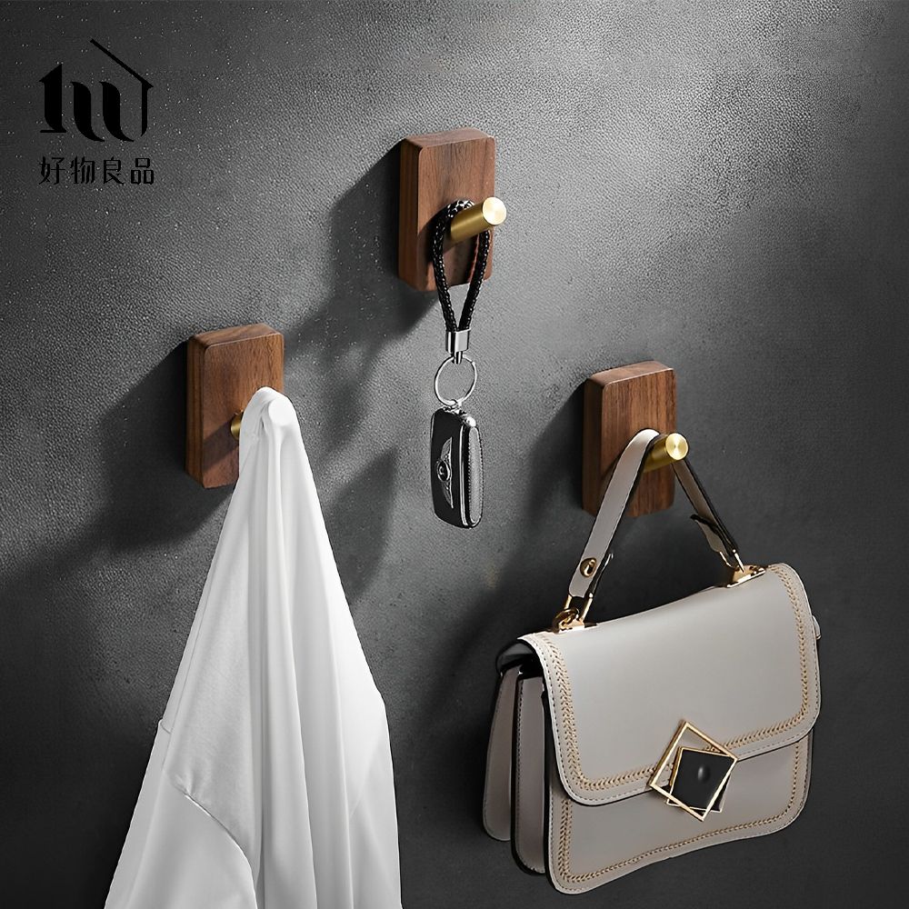【好物良品】5入組-矩形_金屬胡桃木防水免釘掛鈎/ 胡桃木金