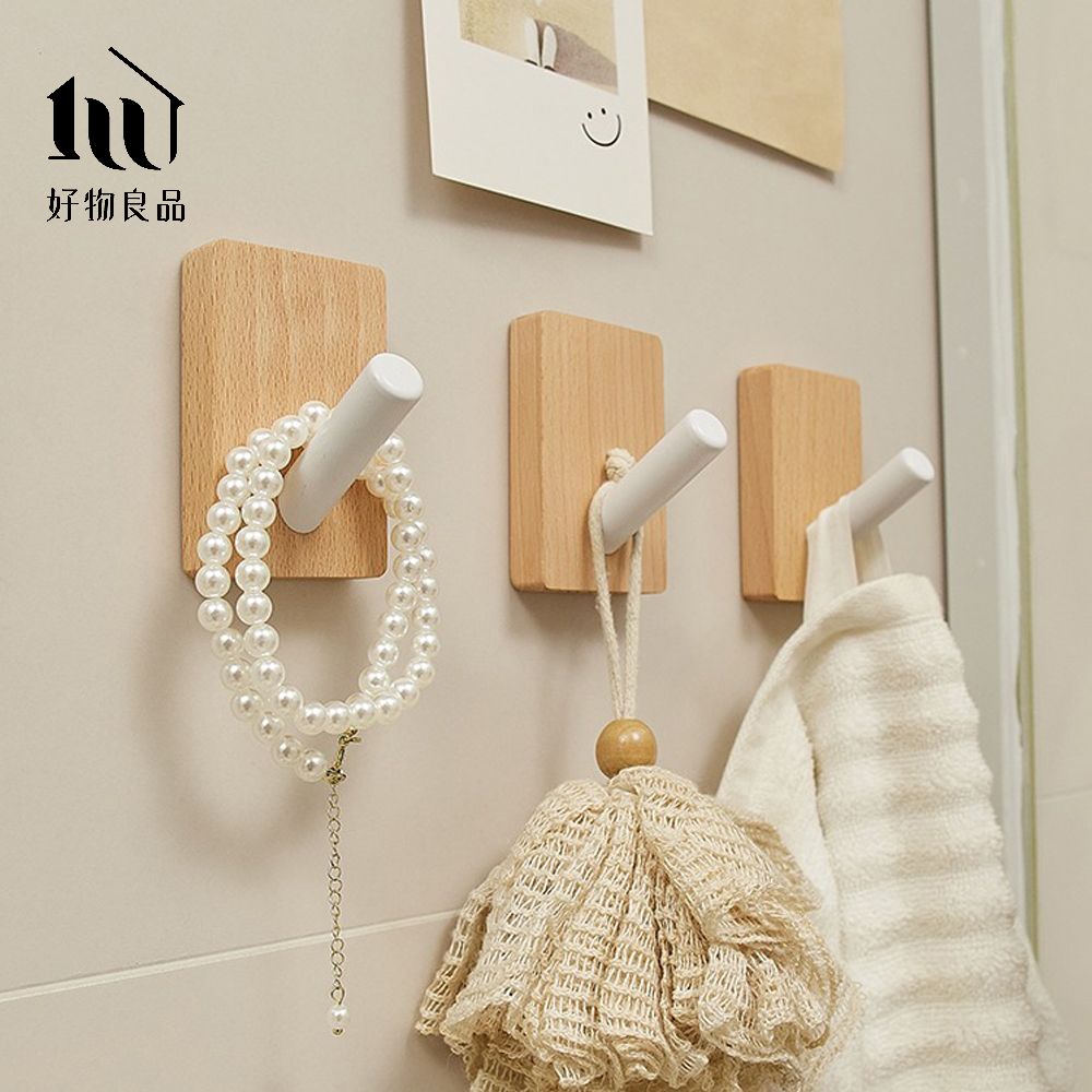 【好物良品】5入組-矩形_金屬胡桃木防水免釘掛鈎/ 櫸木白