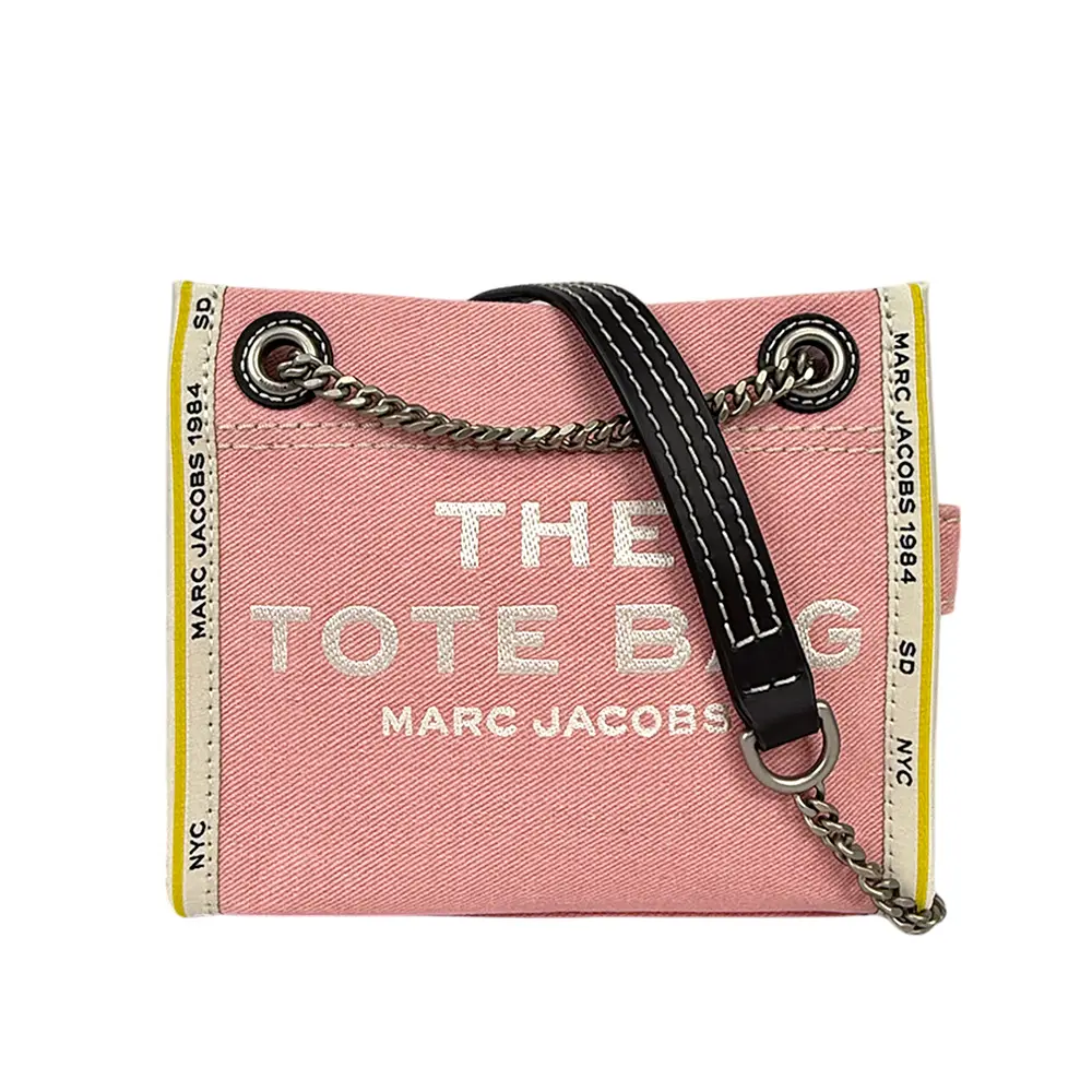 【MARC JACOBS】棉質牛仔布鏈帶肩背/斜背托特包(蝴蝶結粉)/平行輸入