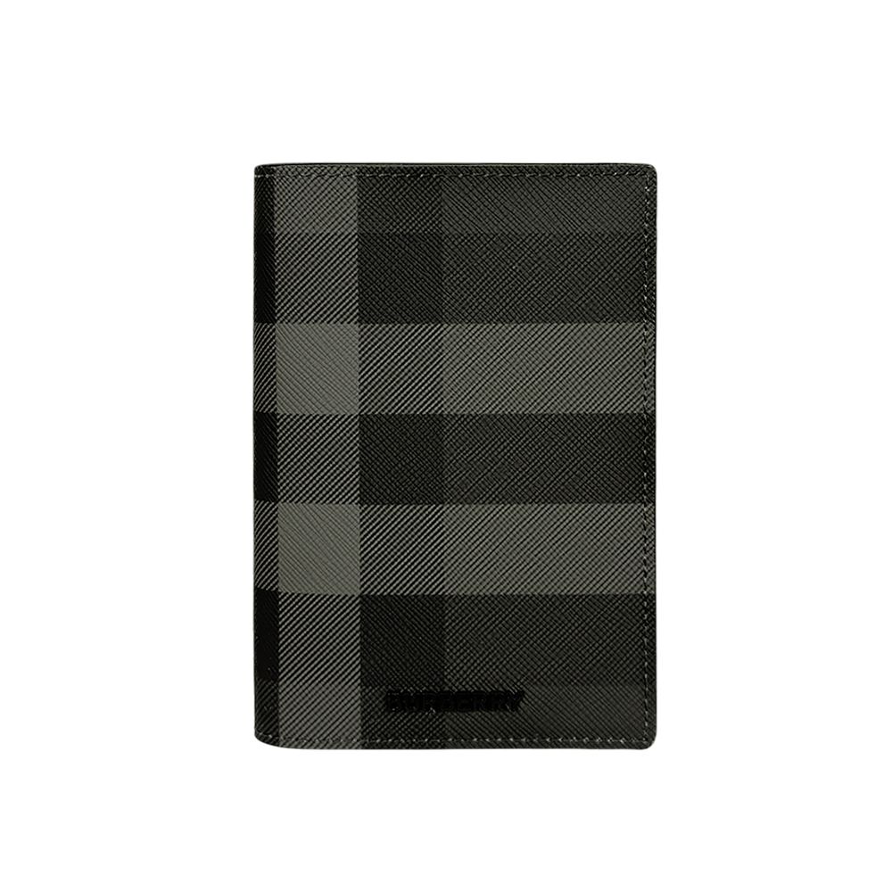 【BURBERRY】格紋塗層帆布及牛皮直式二折卡片夾/名片夾(炭灰色)/ 平行輸入