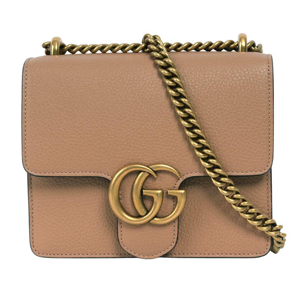 【GUCCI】Marmont 金色標誌粒紋皮革肩背/斜背二用鍊包(裸粉色)/ 平行輸入