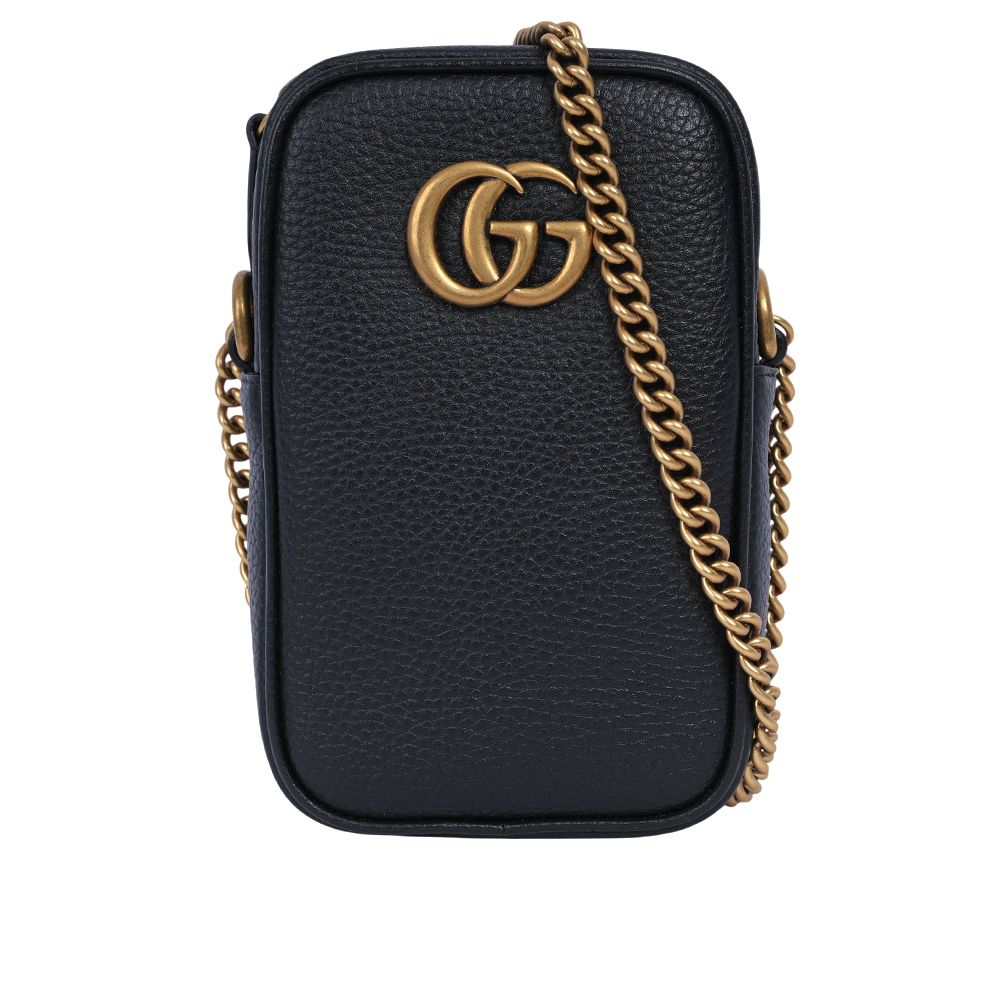 【GUCCI】Marmont 金色粒紋牛皮拉鍊手機包/鍊包(黑色)/ 平行輸入