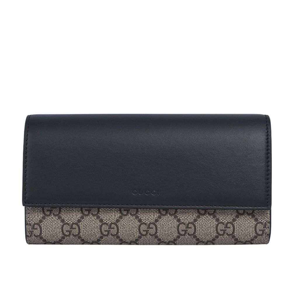 【GUCCI】GG Supreme 塗層帆布及皮革二折翻蓋長夾(米色/黑色)/ 平行輸入