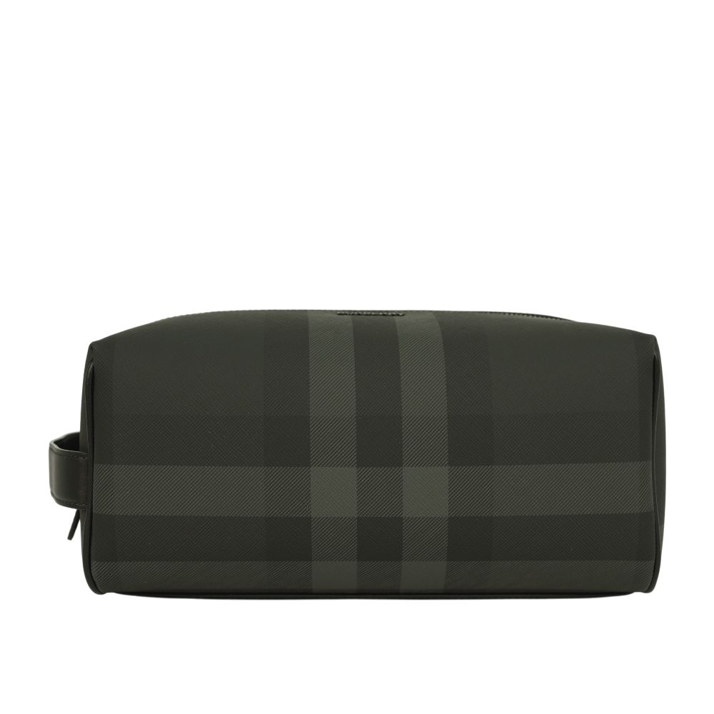 【BURBERRY】格紋塗層帆布及牛皮收納包/手拿包/萬用包(炭灰色)/ 平行輸入