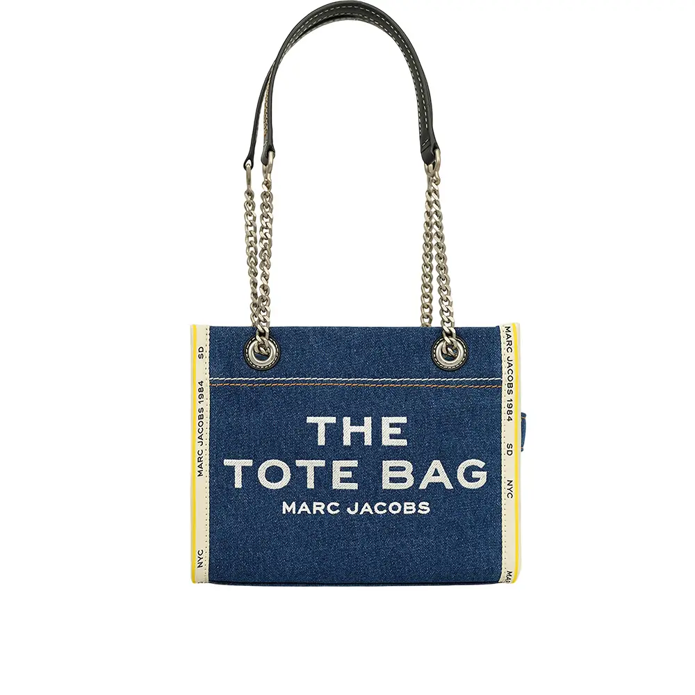 【MARC JACOBS】棉質牛仔布鏈帶小款托特包/肩背包(單寧藍)/平行輸入