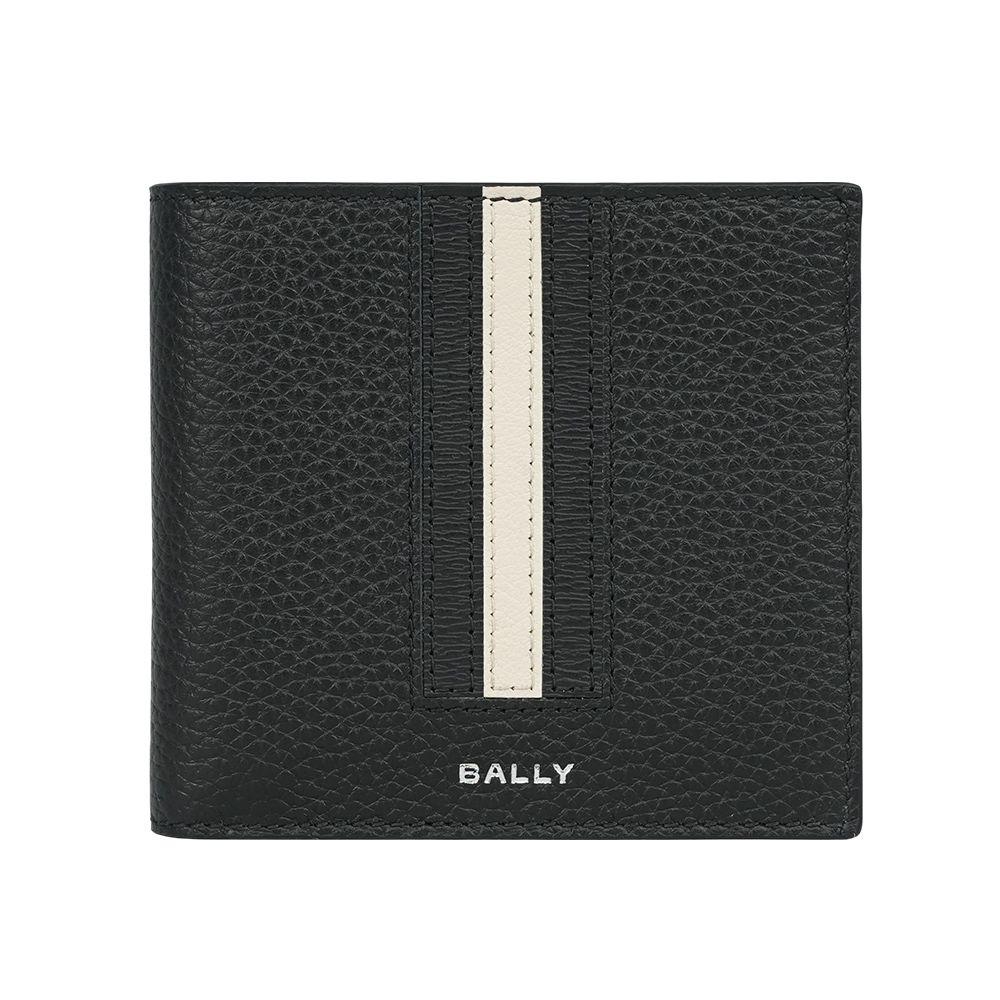 【BALLY】Ribbon 黑白條紋牛皮對開8卡短夾(黑色)/ 平行輸入